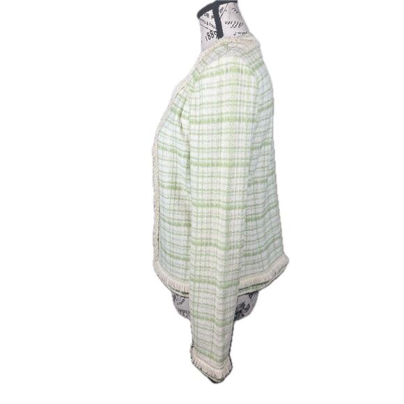 St. John Collection Green Knit Tweed Blazer Jacket Fringe Hem Single Clasp Sz 8 - Picture 6 of 12